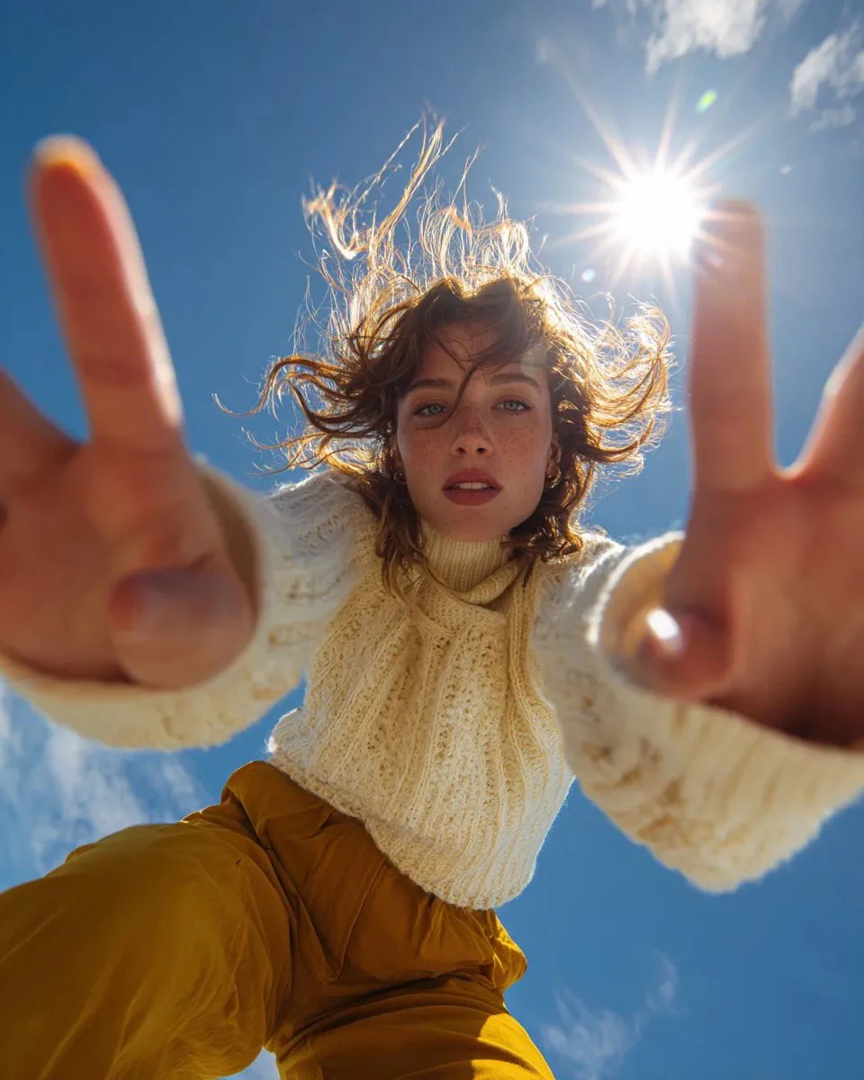 Ultra wide-angle low-angle portrait shot from ground perspective, young w...