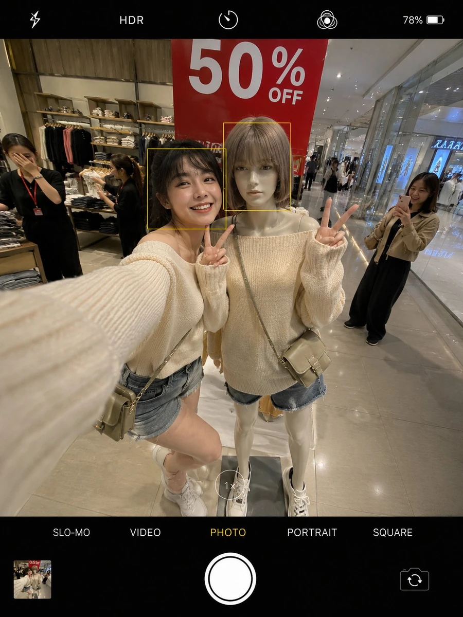 Ultra-realistic cinematic smartphone selfie. Beautiful young woman in an...