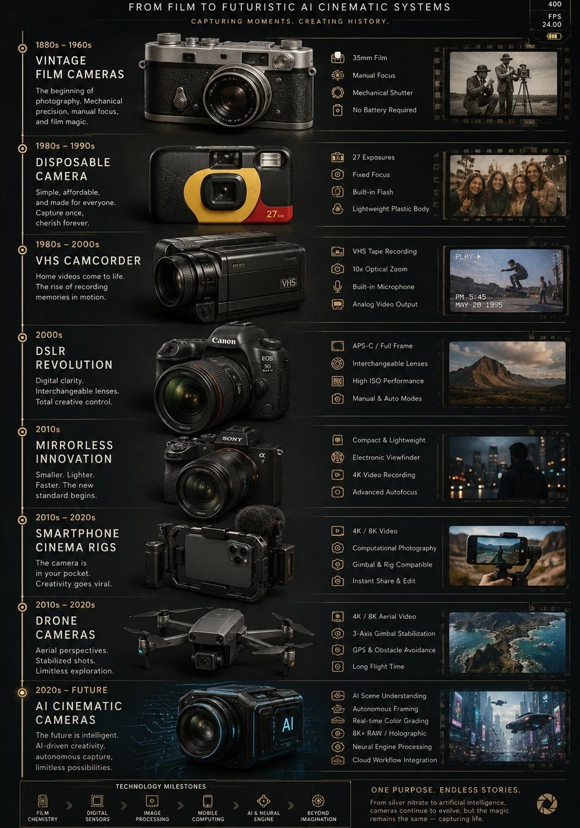 Ultra detailed vertical infographic poster showing the evolution of camer...