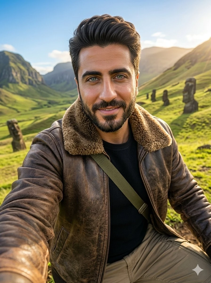 A charismatic handsome man in his late 20s to early 30s taking a selfie,...