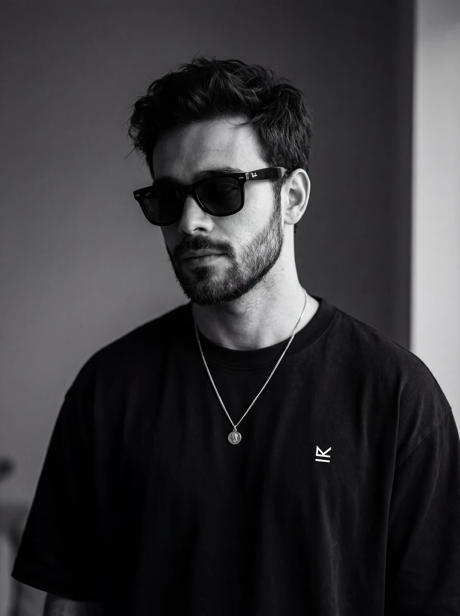 Ultra-realistic monochrome portrait of a young man wearing black wayfarer...