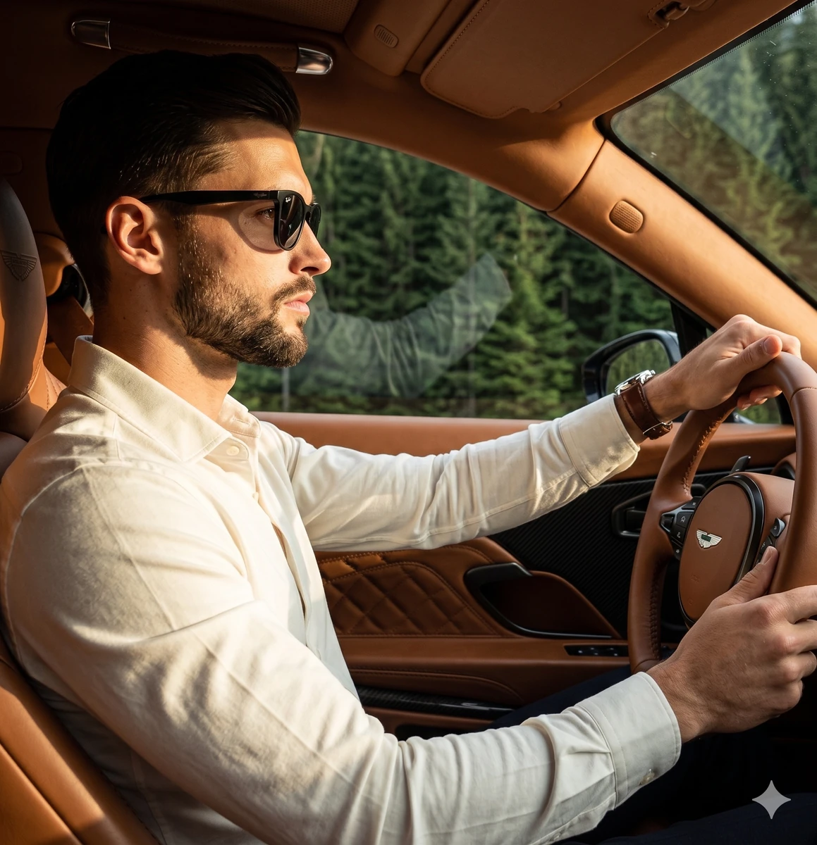 A male in his 30s sits in profile as the primary subject, his relaxed sho...