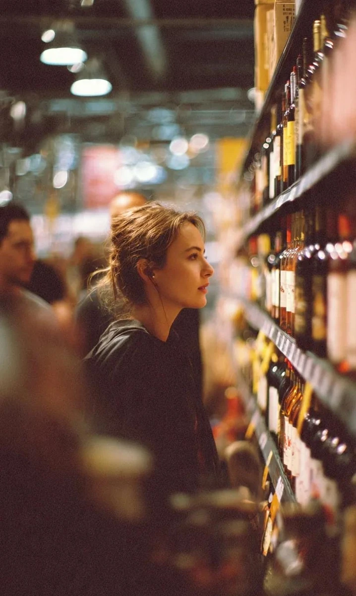 A cinematic side-profile portrait of a young woman standing in a grocery...