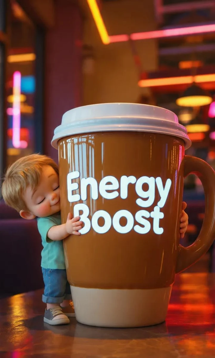 A cute chubby baby hugging a giant oversized coffee cup labeled “Energy B...