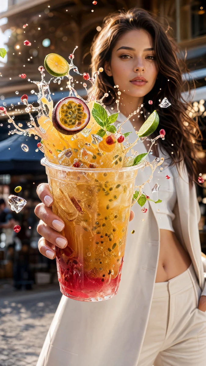 Ultra-realistic luxury beverage advertisement, cinematic commercial photo...