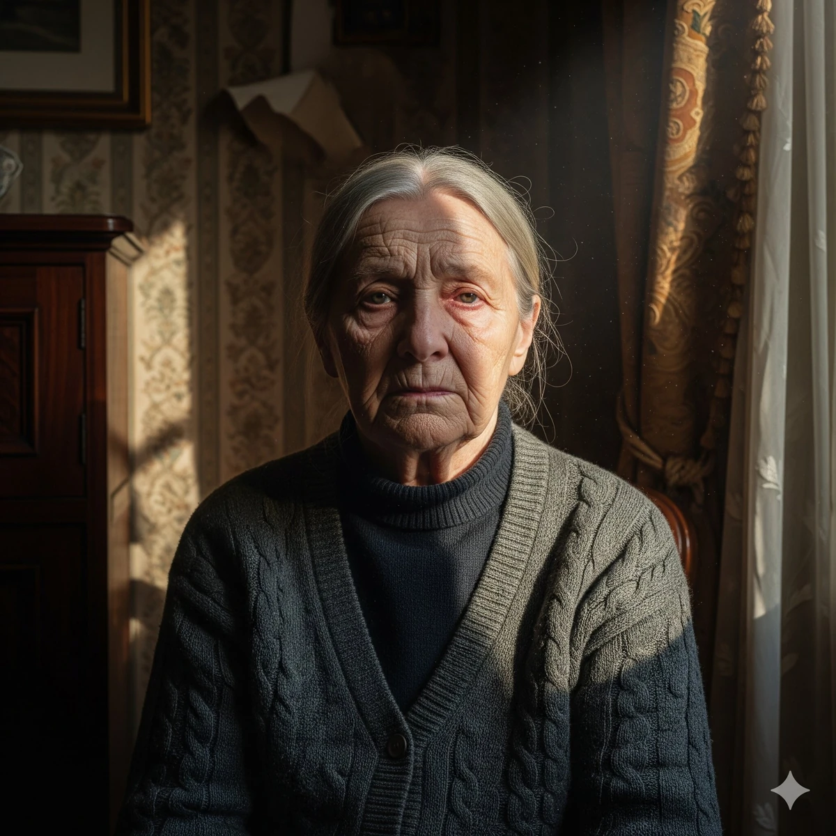 A hyper-realistic and artistic portrait of an old woman sitting by a wind...