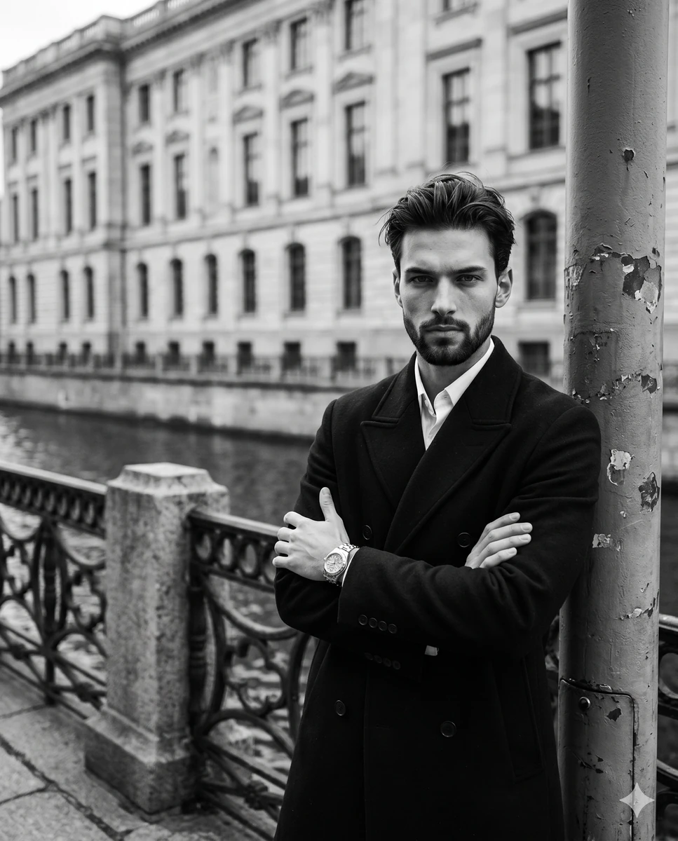 A male in his late twenties to early thirties stands positioned on the ri...