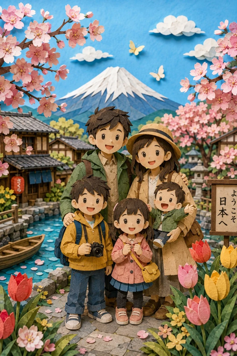 A whimsical 3D paper-cut family portrait scene in a traditional Japanese...