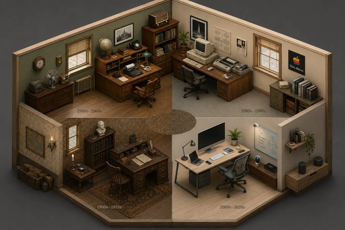 2x2 grid, 16:9, AI infers: An isometric cutaway of a single room (like a...