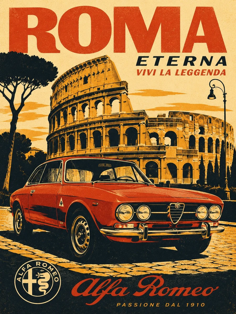 Vintage Italian automotive travel poster of Rome titled “ROMA ETERNA”, fe...