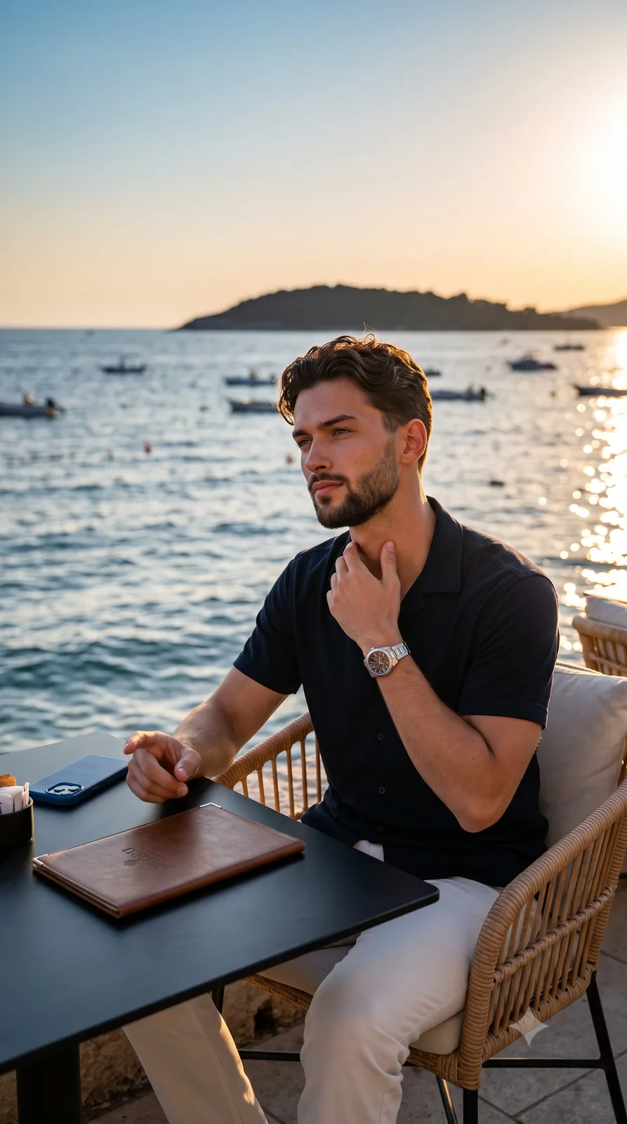 A candid, relaxed profile portrait of a young adult male seated and leani...