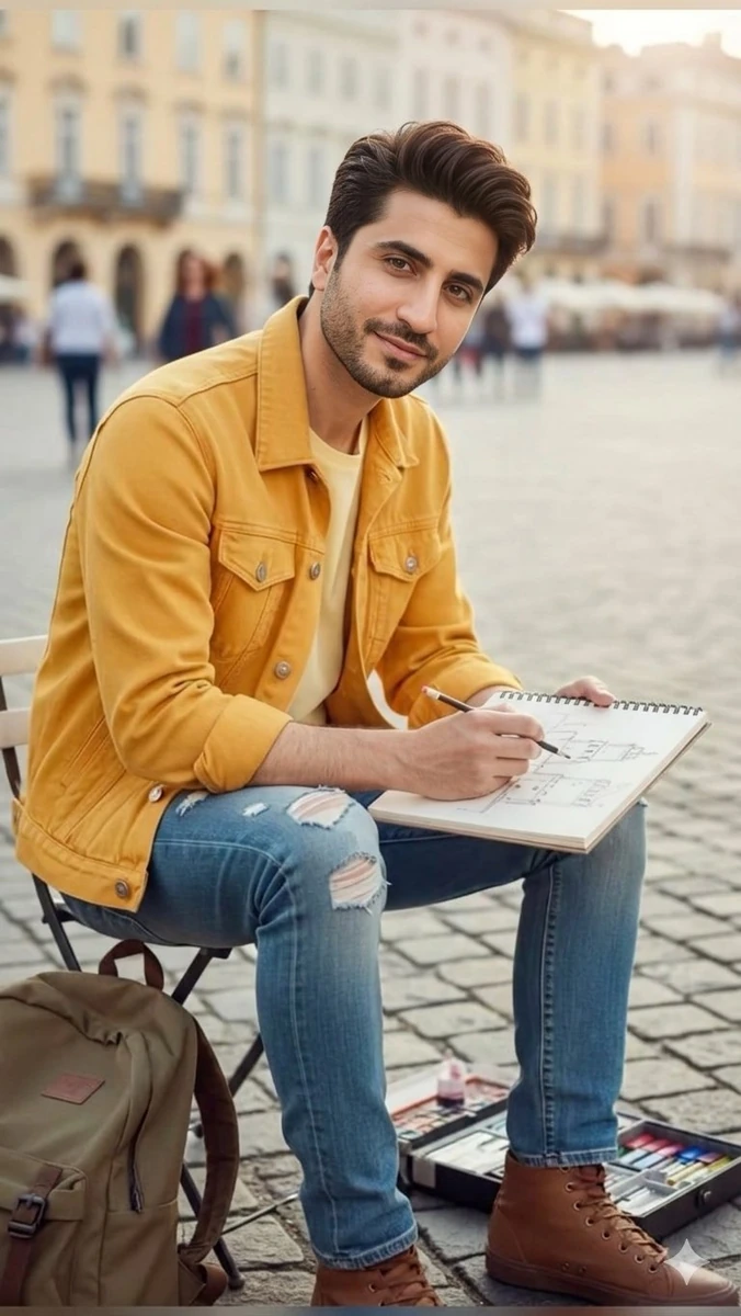 A high-resolution, candid full-body portrait of a handsome young man with...