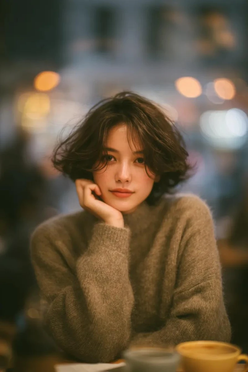 A soft cinematic portrait of a young woman sitting in a cozy café, restin...