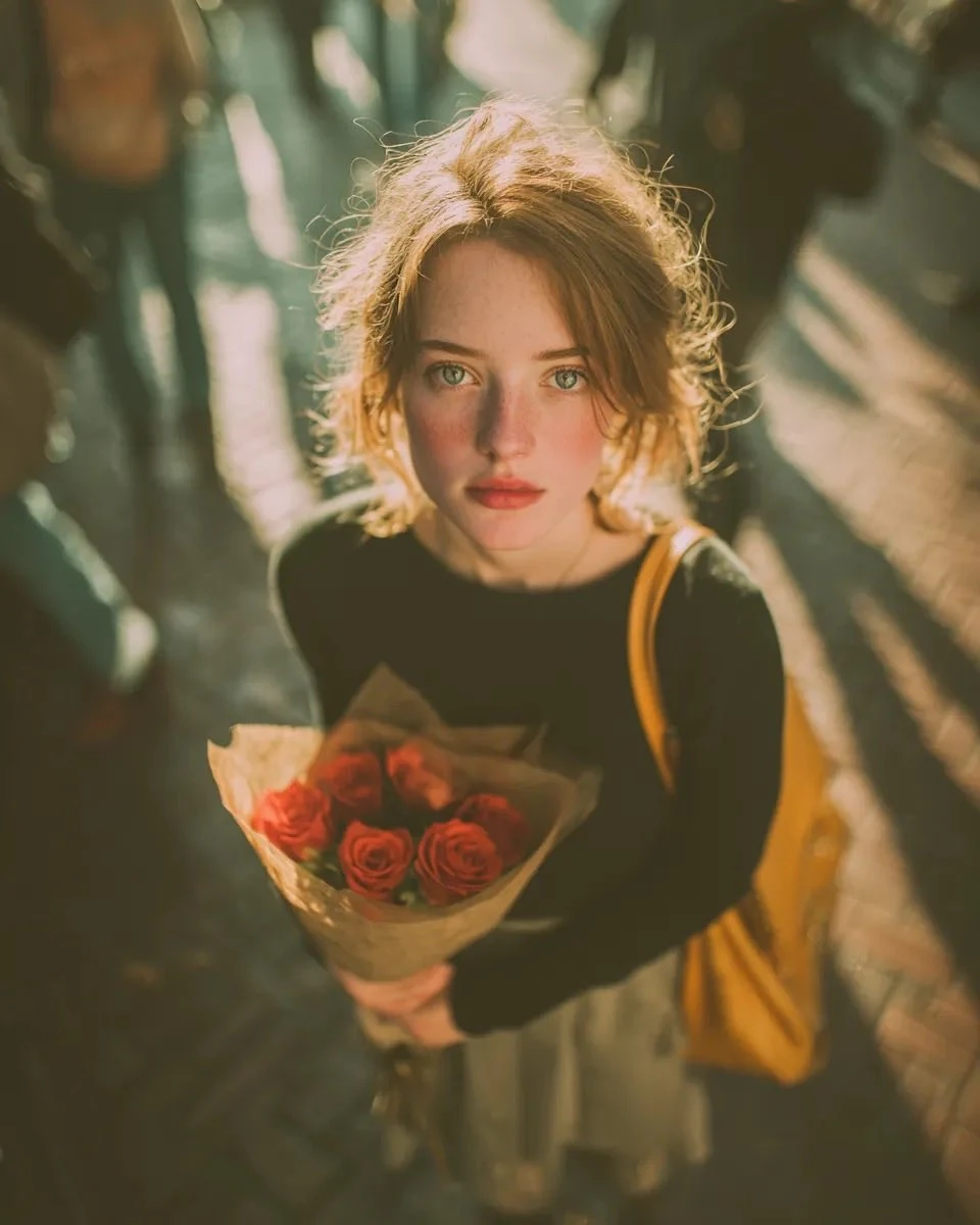 A high-angle, top-down cinematic portrait of a young woman with wavy brow...