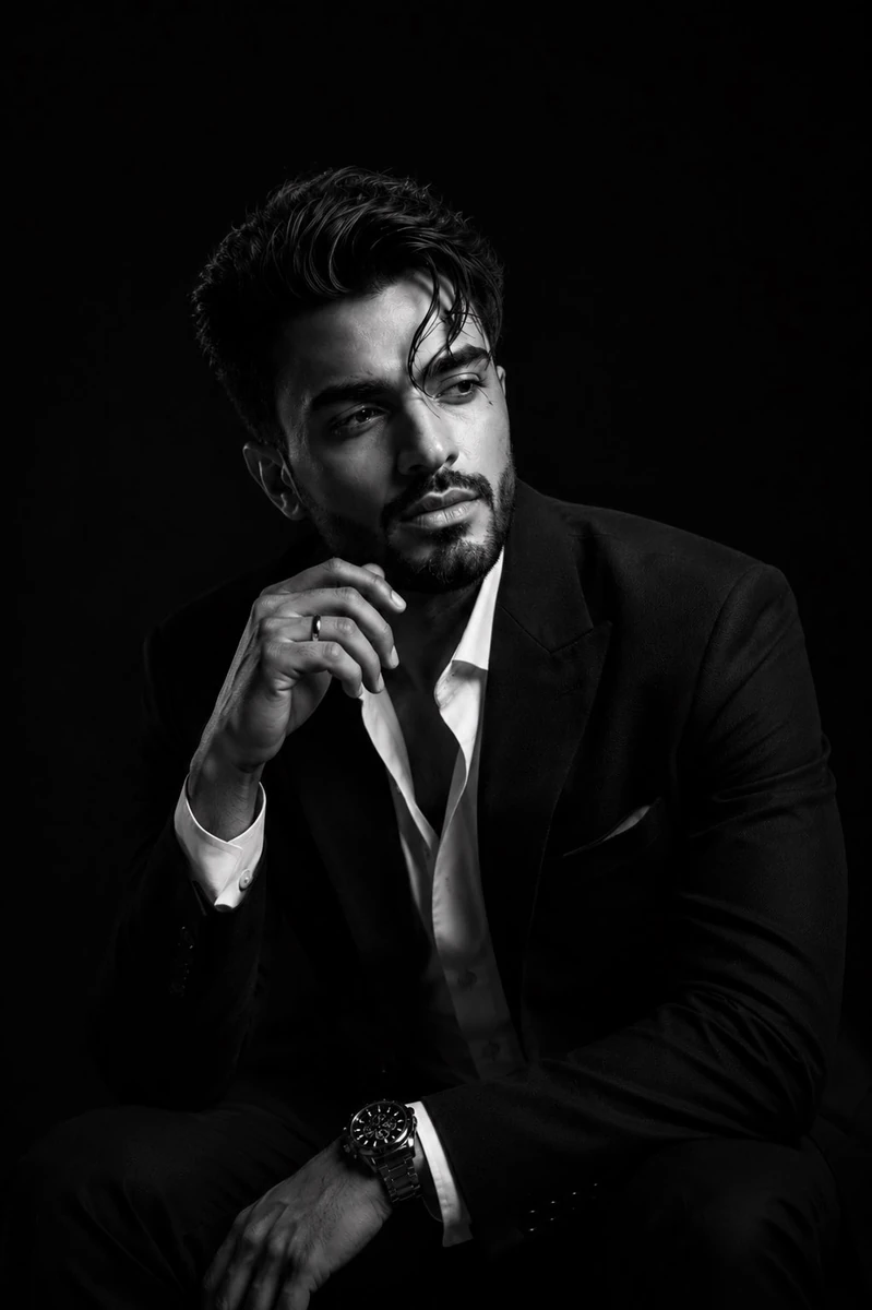 - Ultra-realistic black-and-white fine art studio portrait of a handsome...