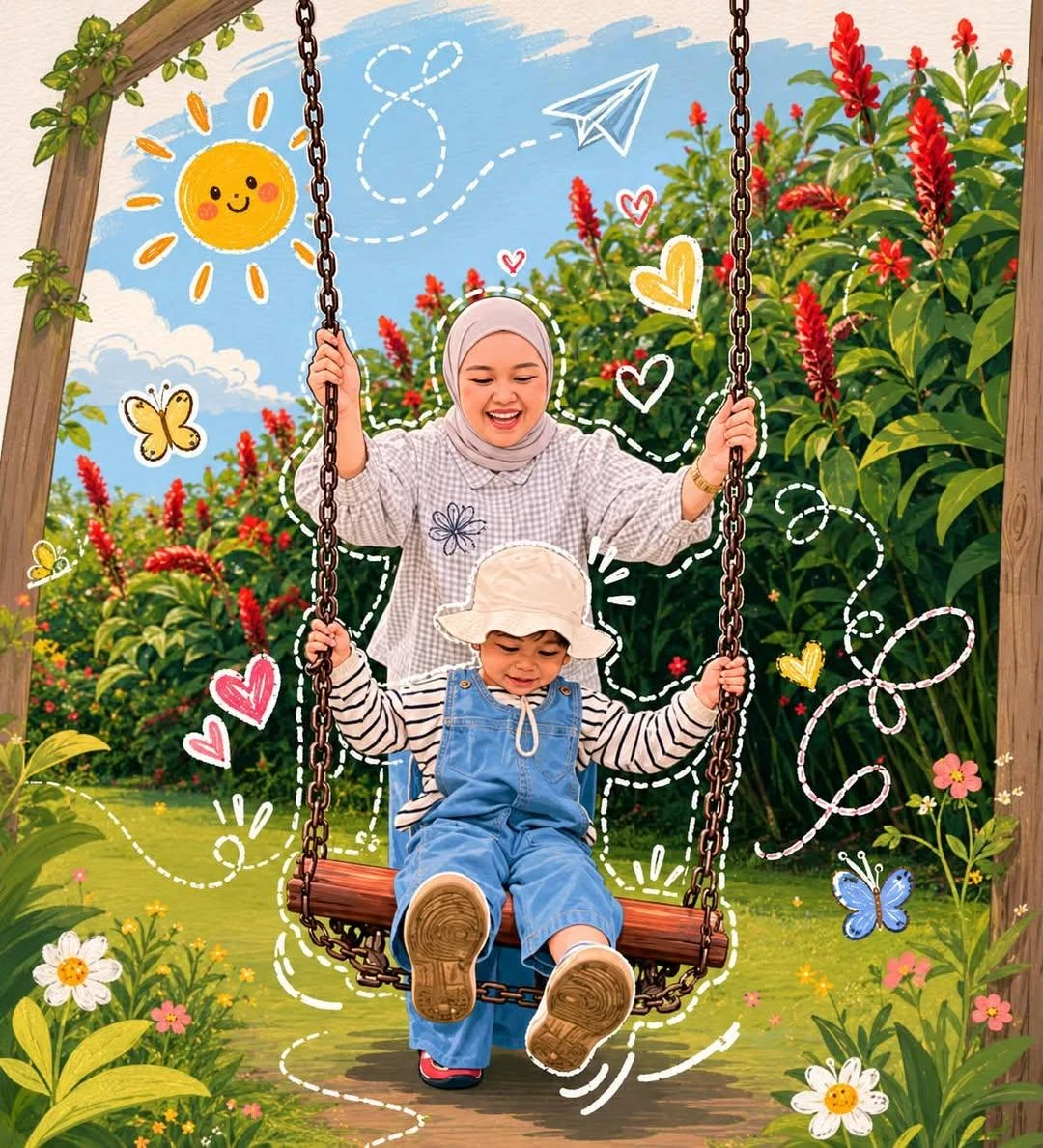 Transform the uploaded photo into a heartwarming whimsical storybook illu...