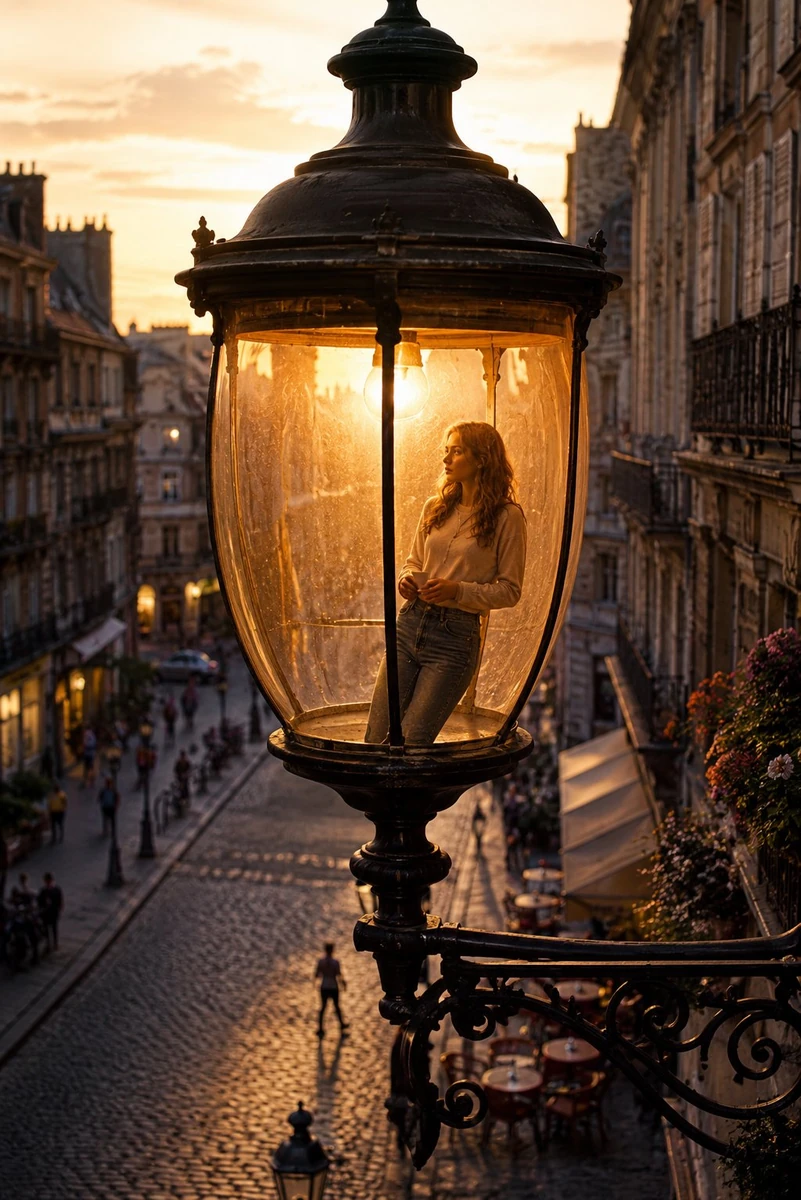 A young woman is standing inside the illuminated glass bulb of a giant vi...