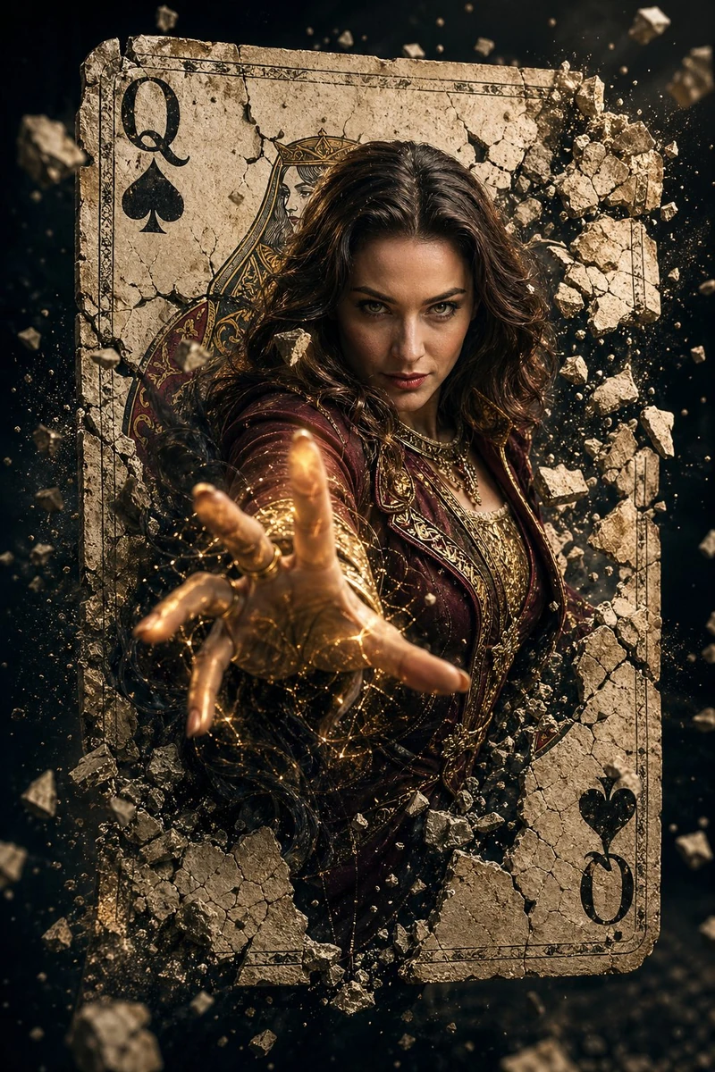 A hyper-realistic cinematic movie poster of a powerful female sorcerer wi...
