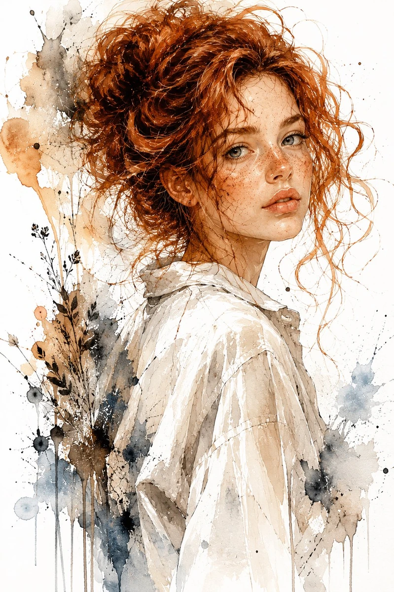 Expressive watercolor and ink portrait of a young woman with voluminous a...