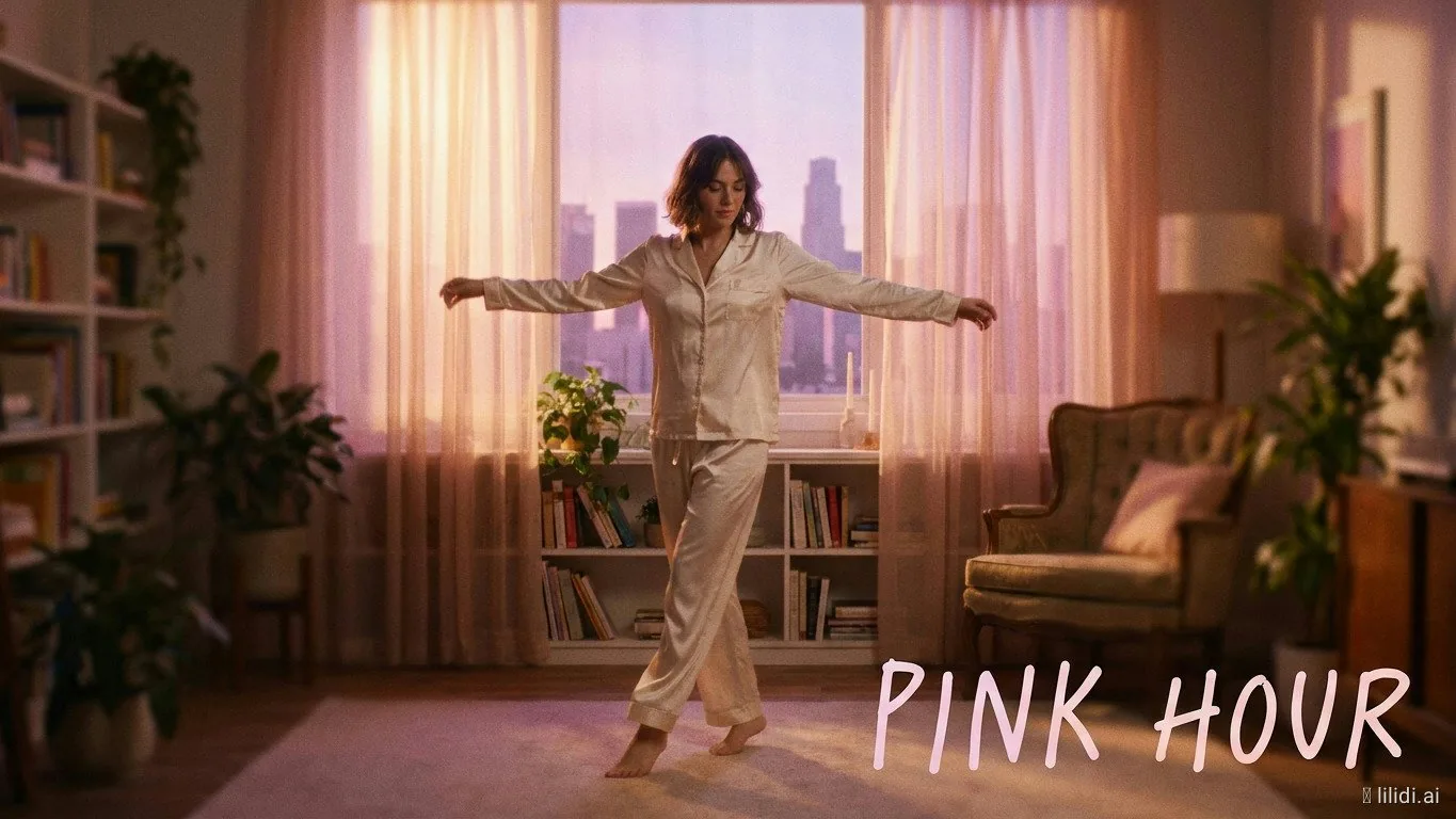 Photorealistic cinematic still of a stylish young woman in a cozy, femini...