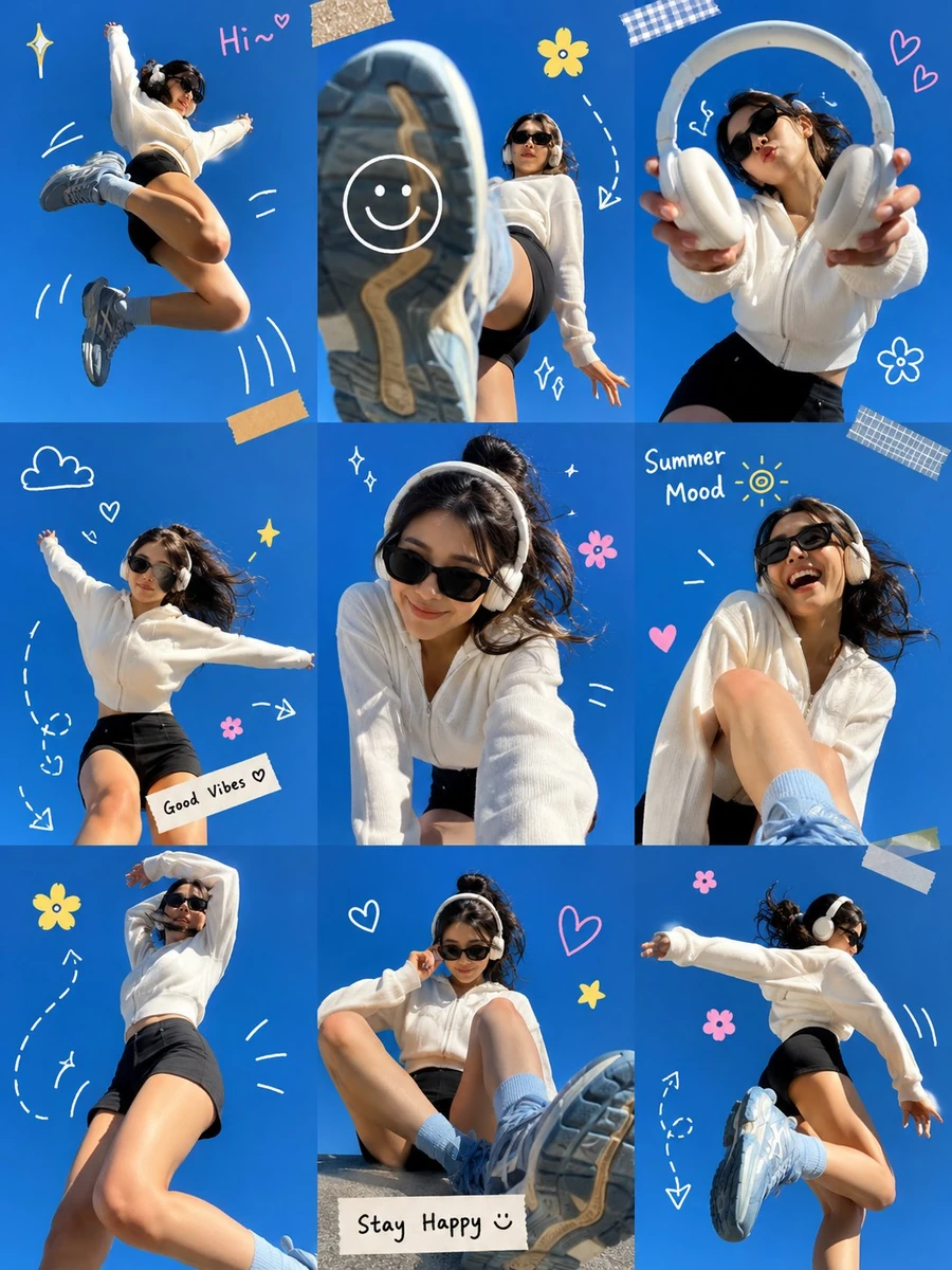 Ultra-viral Gen Z summer photo dump collage, arranged in a clean 3×3 grid...