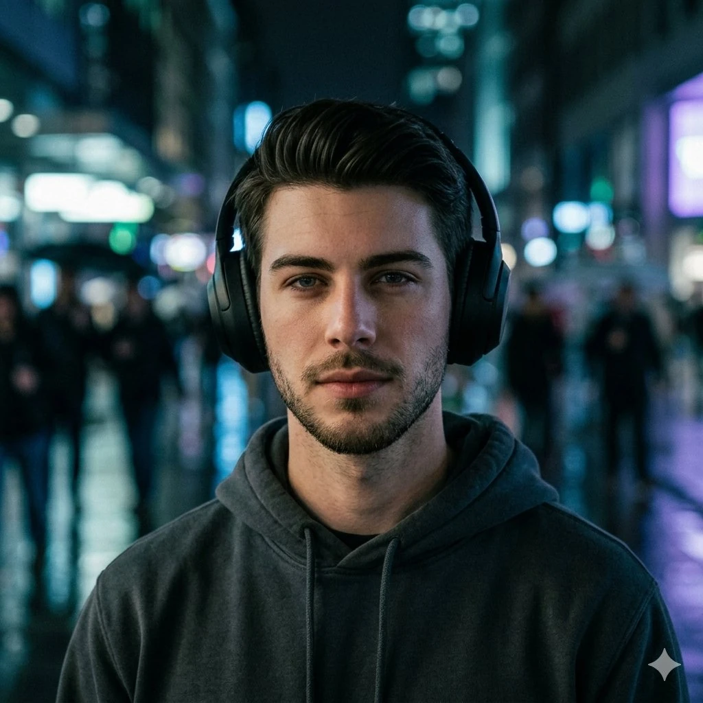 A moody cinematic portrait of a young man standing in a dimly lit urban e...