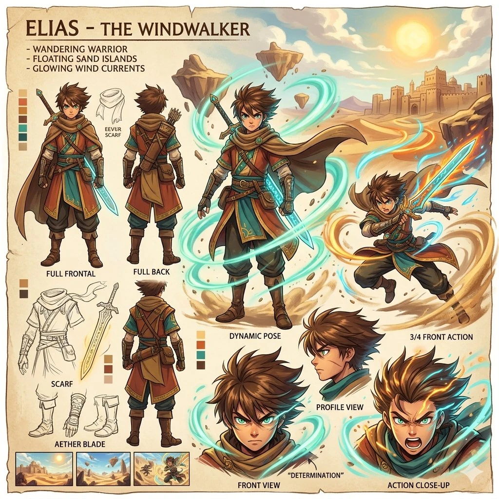 A stylized anime-inspired cinematic character sheet set in a colorful des...