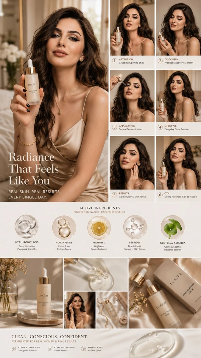 Luxury skincare UGC campaign mood board, designed around the same young w...