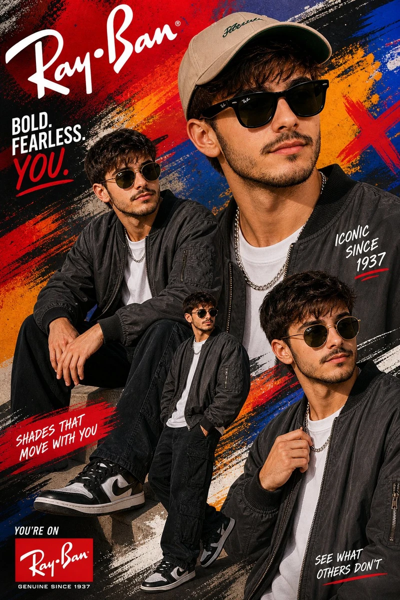 A bold sneaker advertisement poster for rayban brand. A young man exactly...