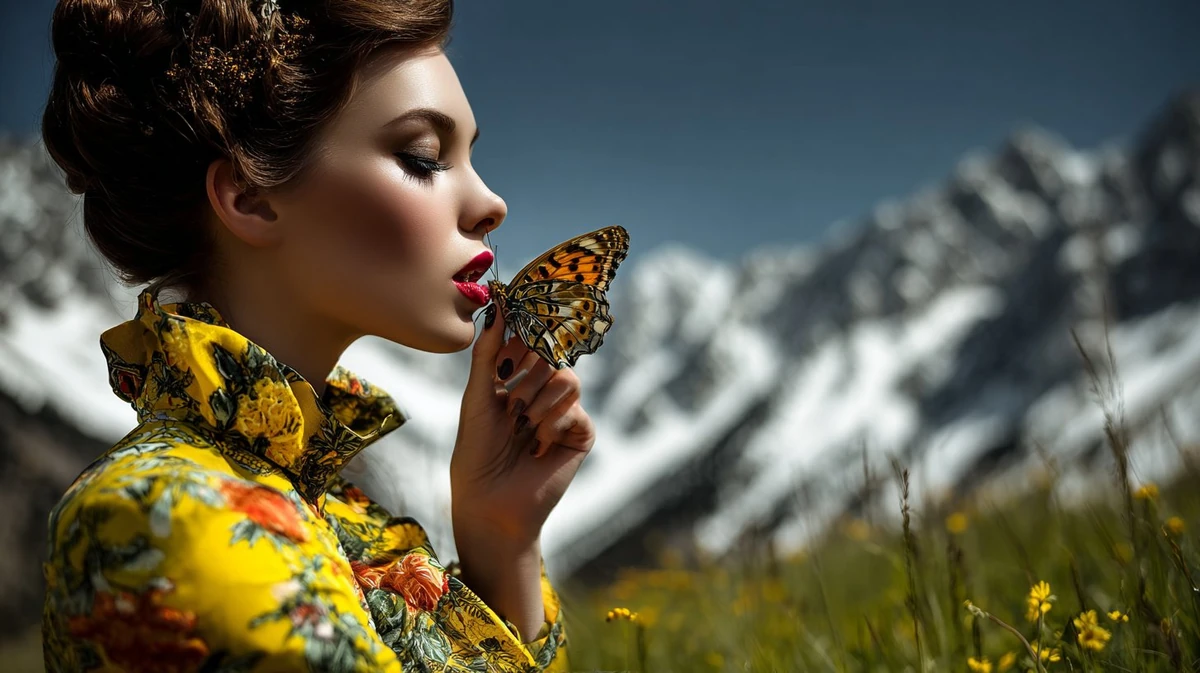 woman and a butterfly, close-up realistic photography, high contrasts of...