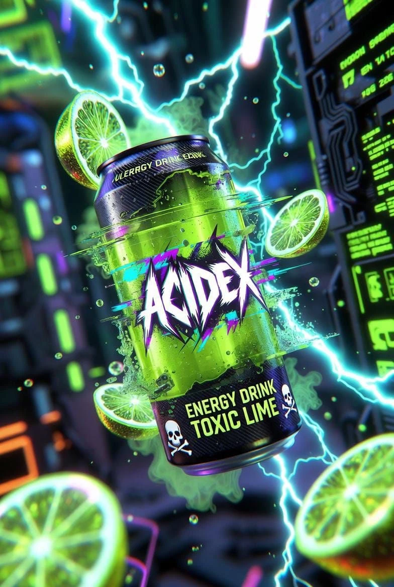 Hyper-realistic neon energy drink can floating mid-air, black can with gl...