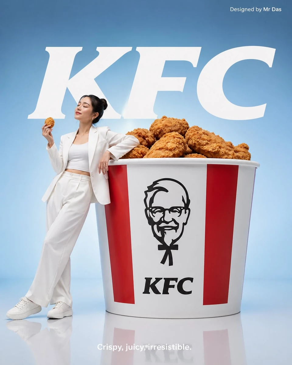 Minimalist commercial ad featuring oversized KFC bucket, ultra-clean desi...