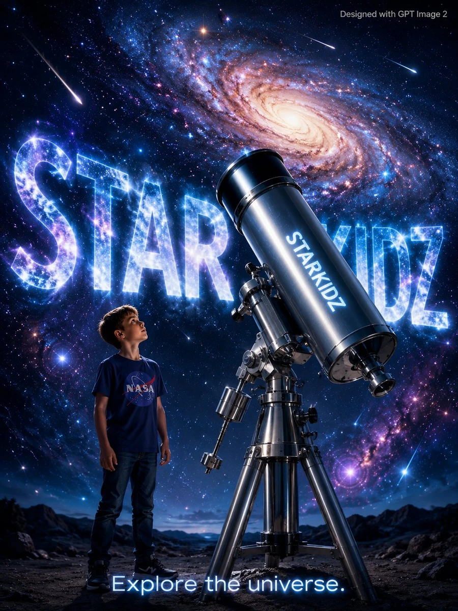 A magical science advertisement poster. A curious young boy age 10 in a N...