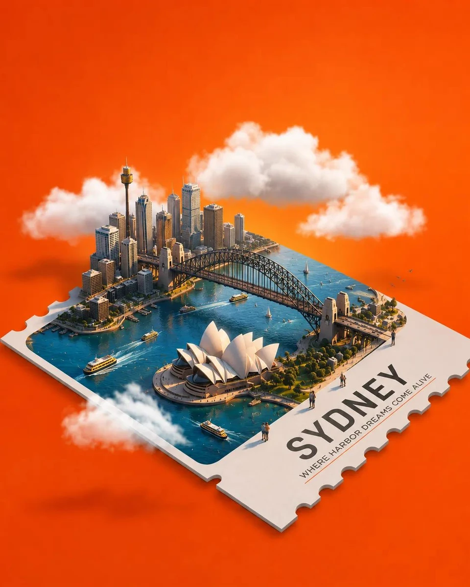 Ultra-detailed 3D miniature travel stamp diorama, iconic world landmark e...