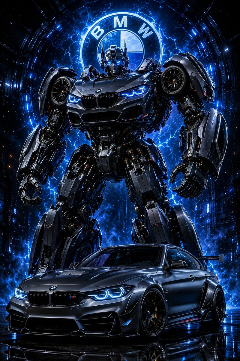 Transform the uploaded BMW into a premium Transformers-style giant robot...