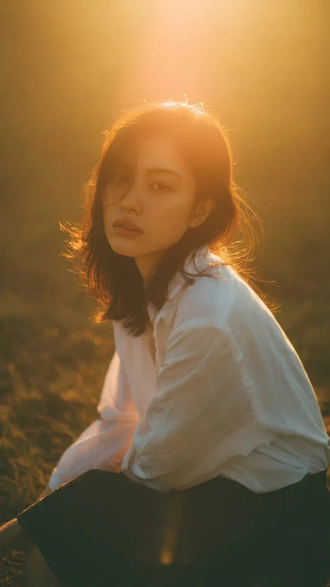 Cinematic portrait of a young woman sitting in a grassy field during gold...