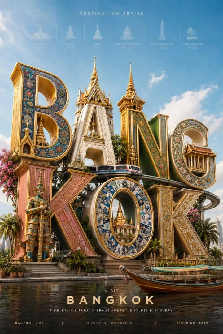 3D photorealistic travel poster for Bangkok, vertical layout, bright sunn...