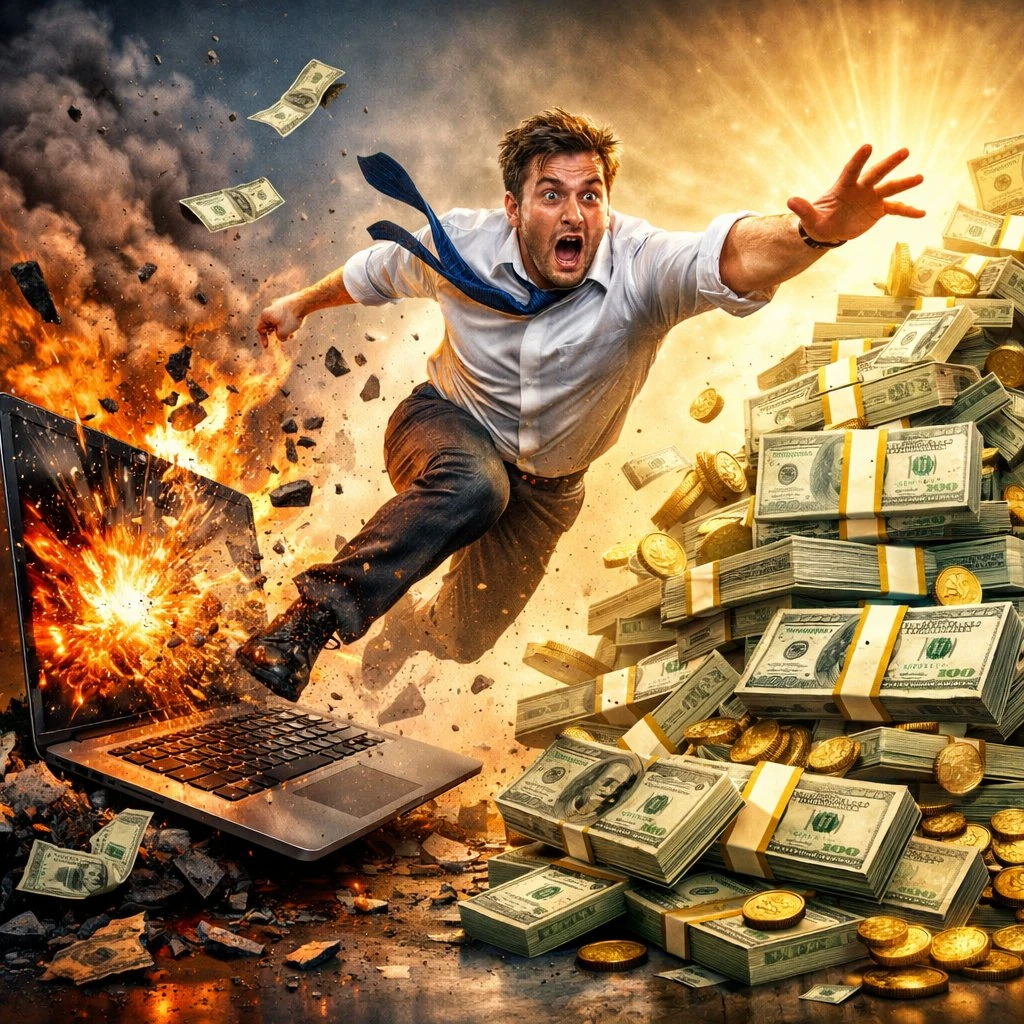 A hyper-dramatic, viral-style digital artwork of a stressed man in formal...