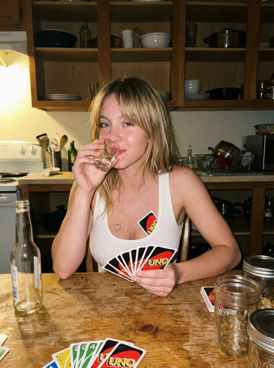 A candid smartphone photo of Sydney Sweeney, seated at a small kitchen ta...
