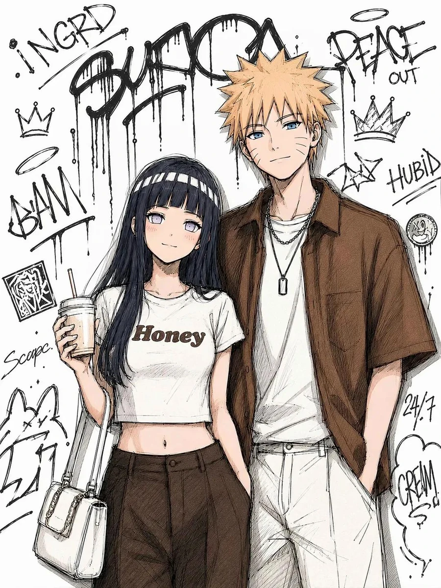 spiky-haired boy and a dark-haired girl with pale lavender eyes, standing...