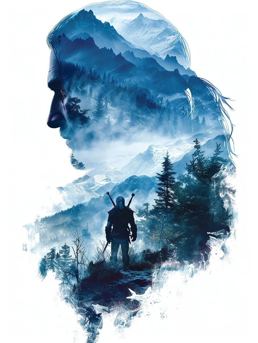A double exposure illustration of the Witcher, with a large Geralt shadow...