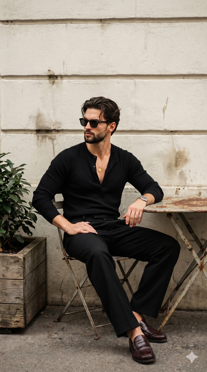 A sophisticated adult male in his late twenties sits confidently at chest...