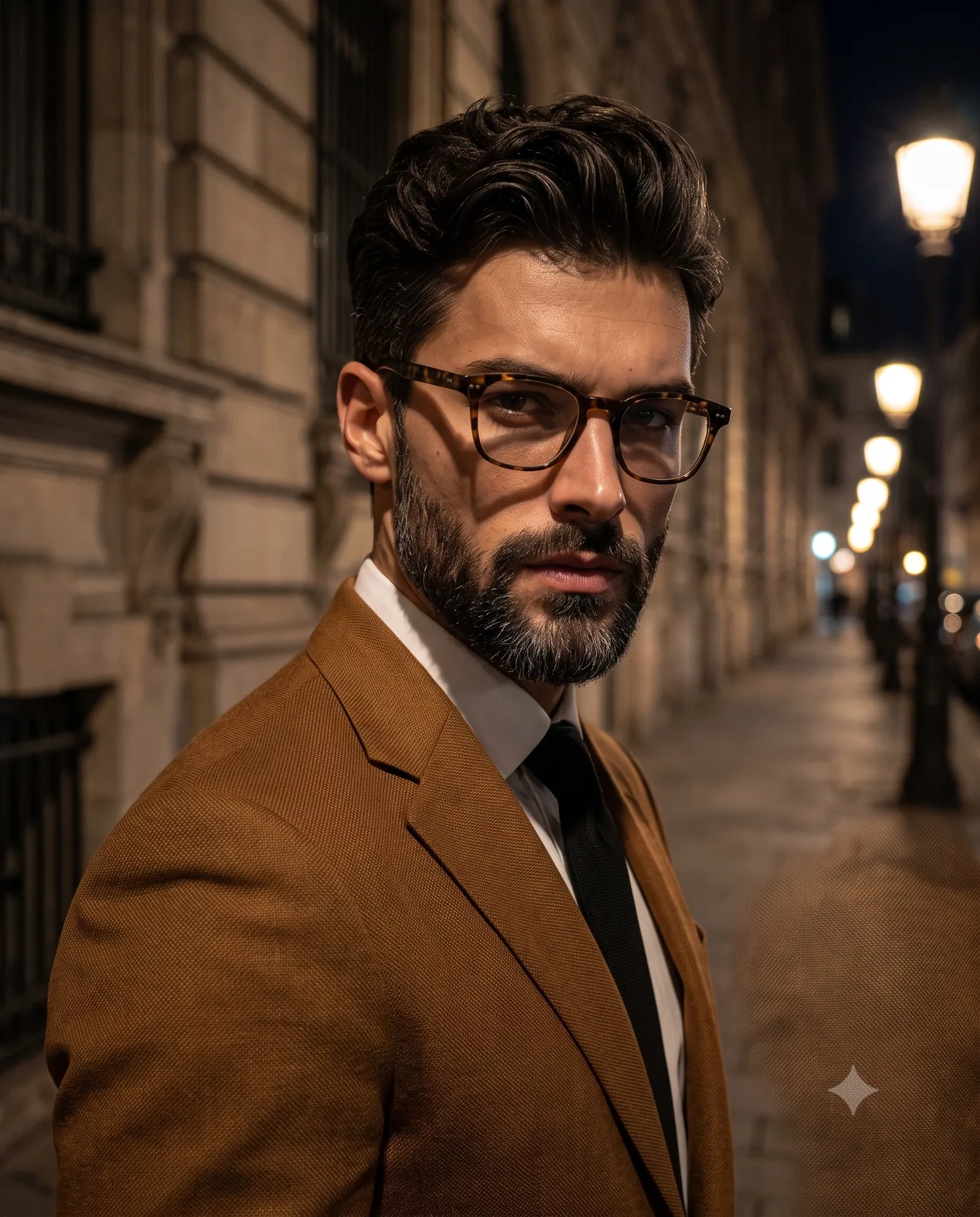 A striking middle-aged man with an intense, direct gaze looks slightly do...