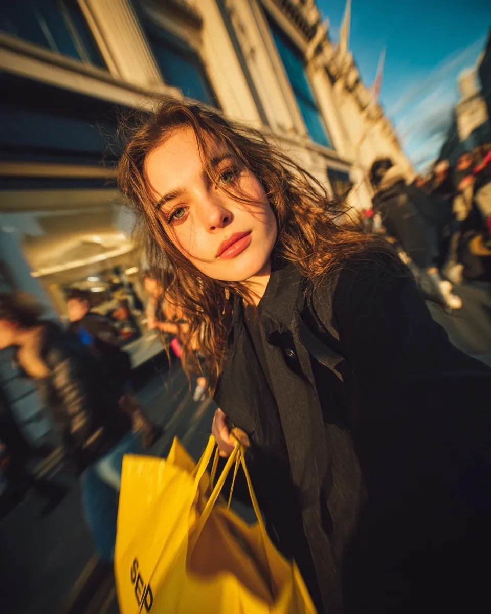 Cinematic street portrait of a young woman walking through a busy shoppin...