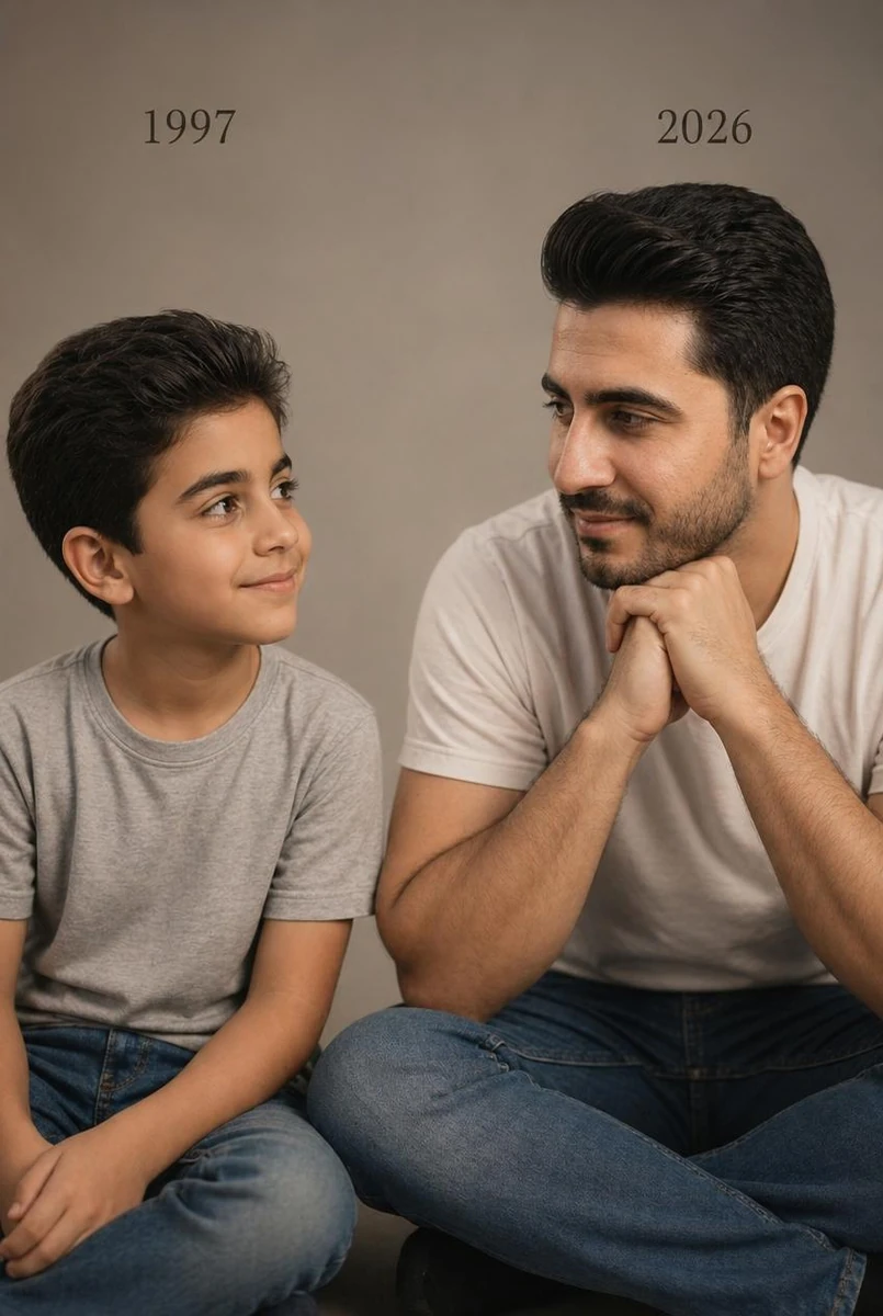 On the left: a child version of me looking with an innocent smile to the...
