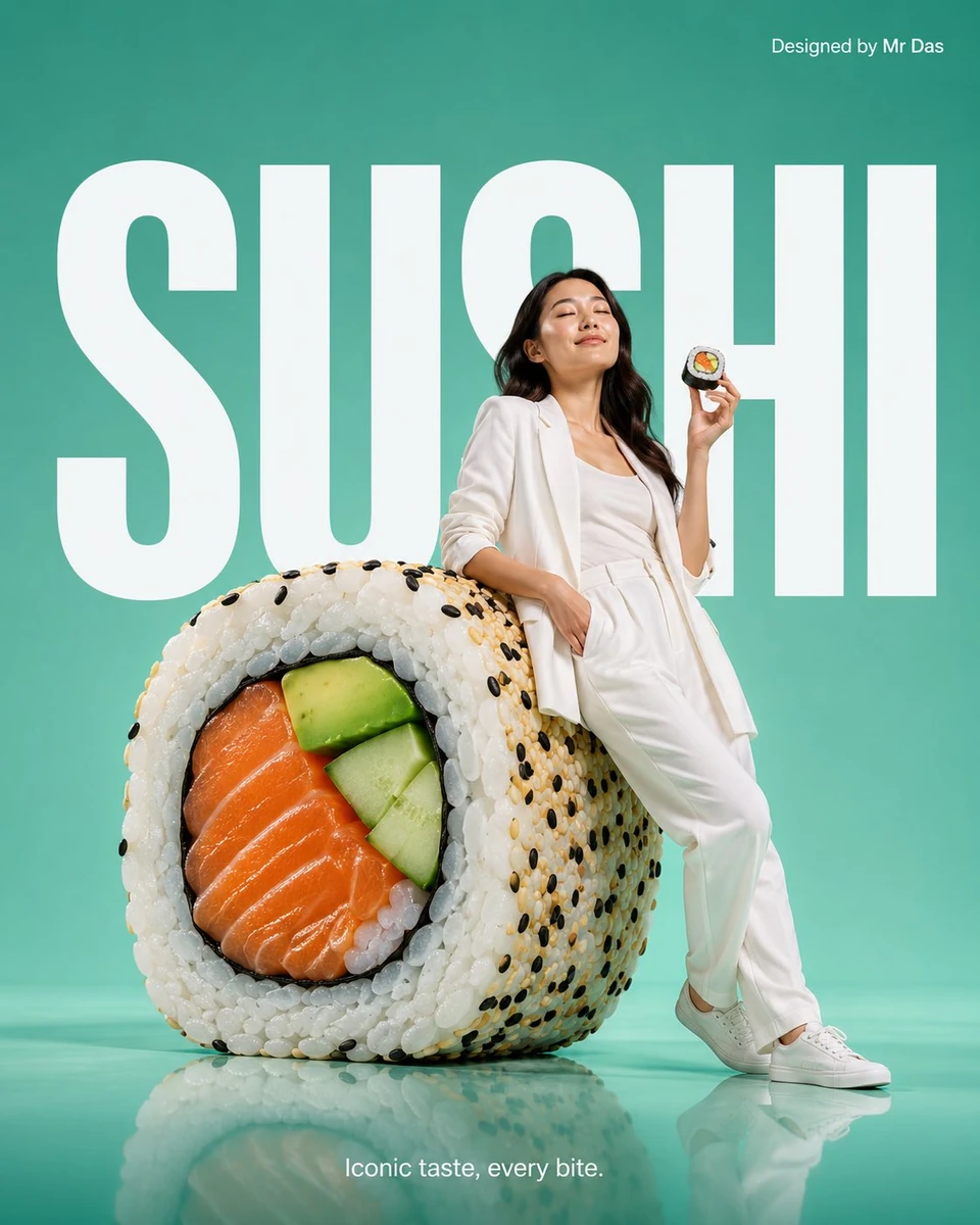 Minimalist commercial ad featuring oversized premium sushi rolls, ultra-c...