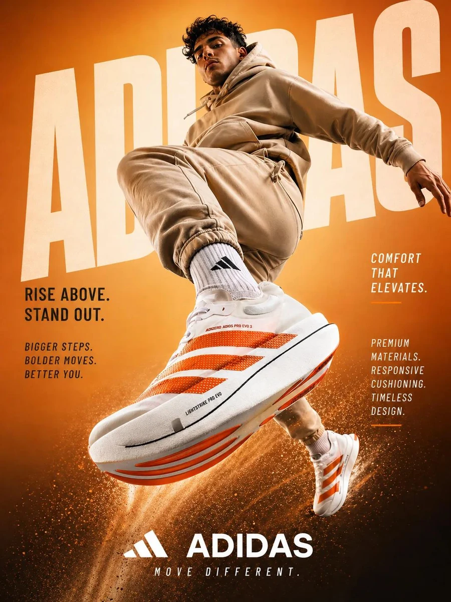 A dynamic sportswear advertisement featuring a young athletic male model...