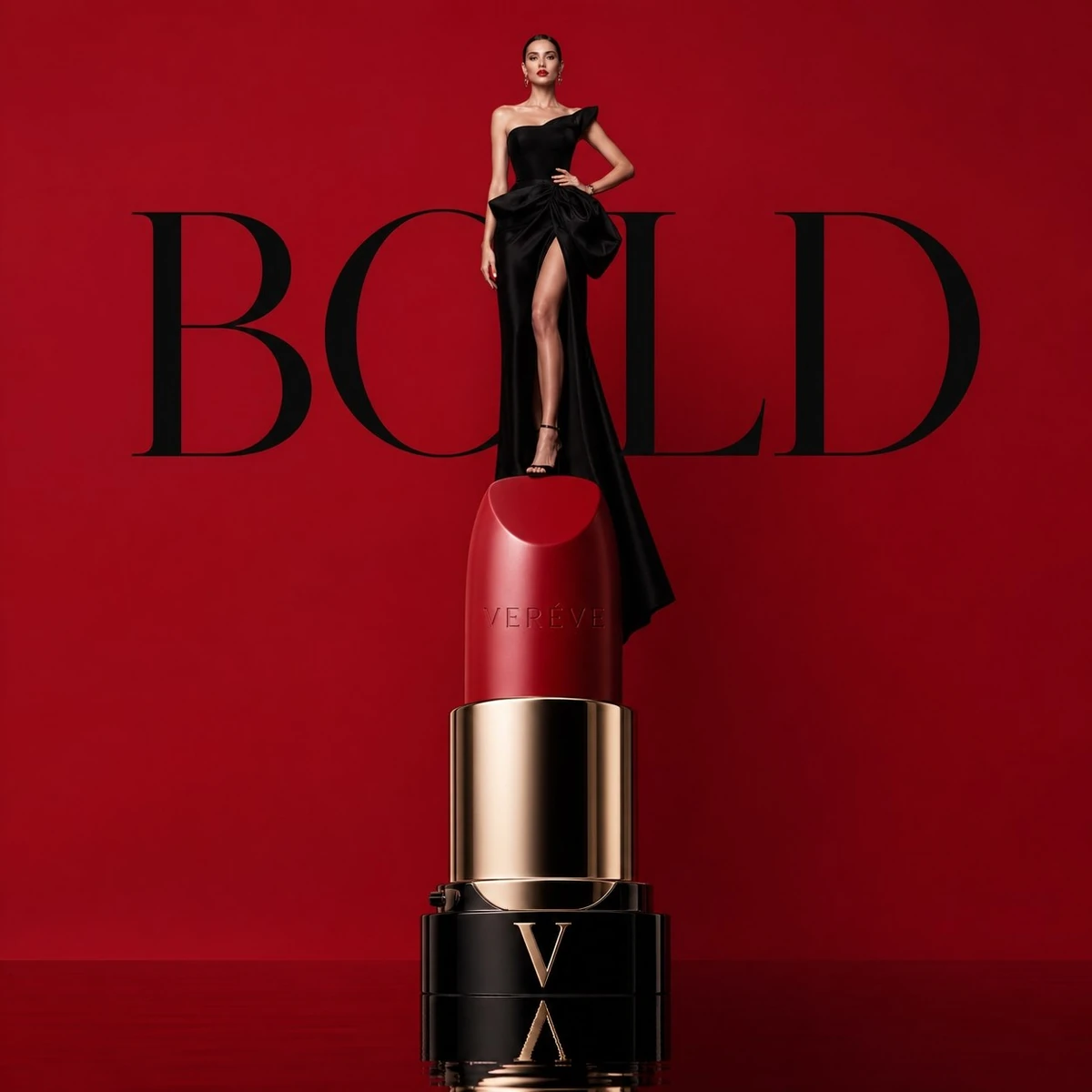 Avant-garde luxury beauty campaign, oversized sculptural red lipstick pos...