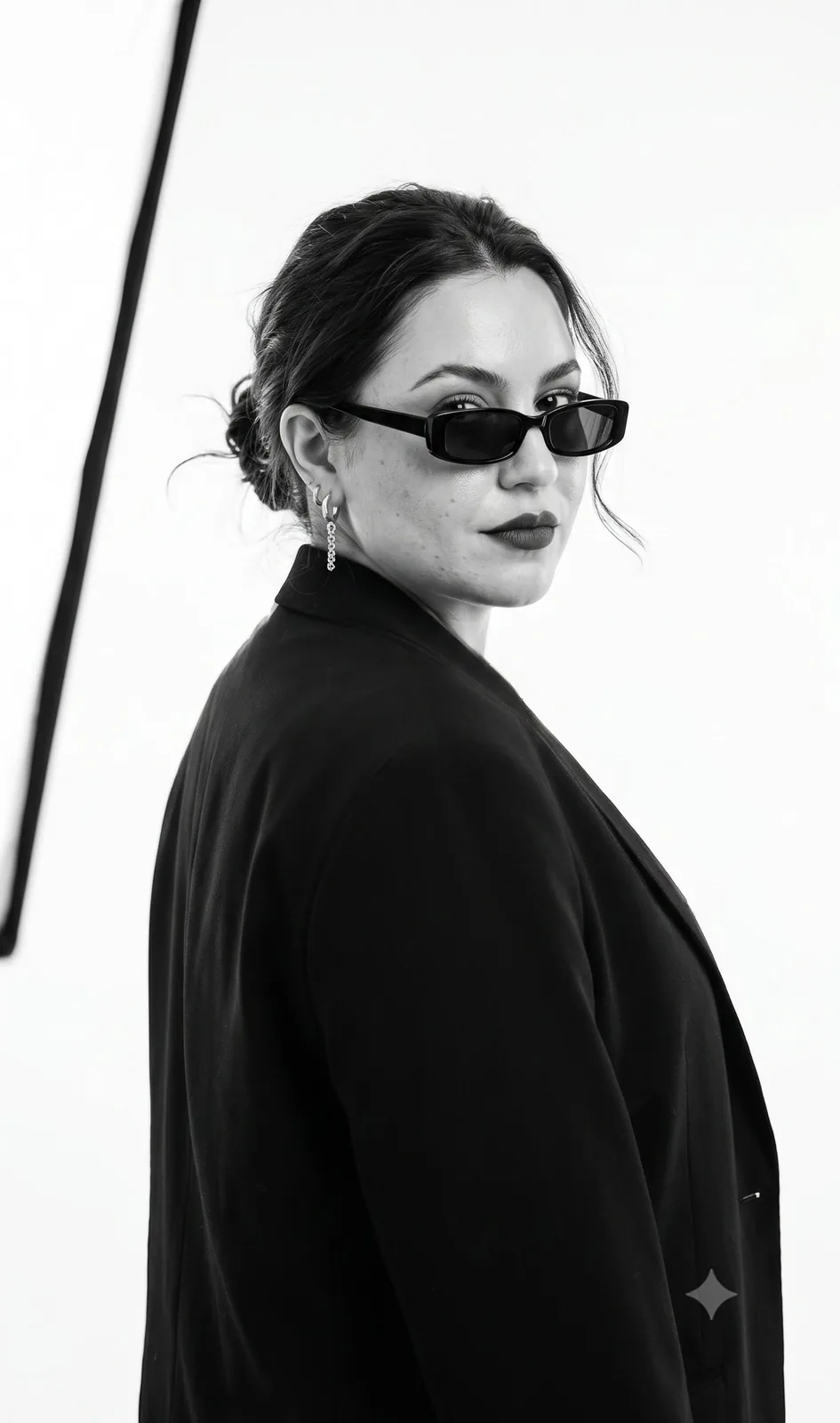 She wears an oversized structured blazer, complemented by small hoop earr...