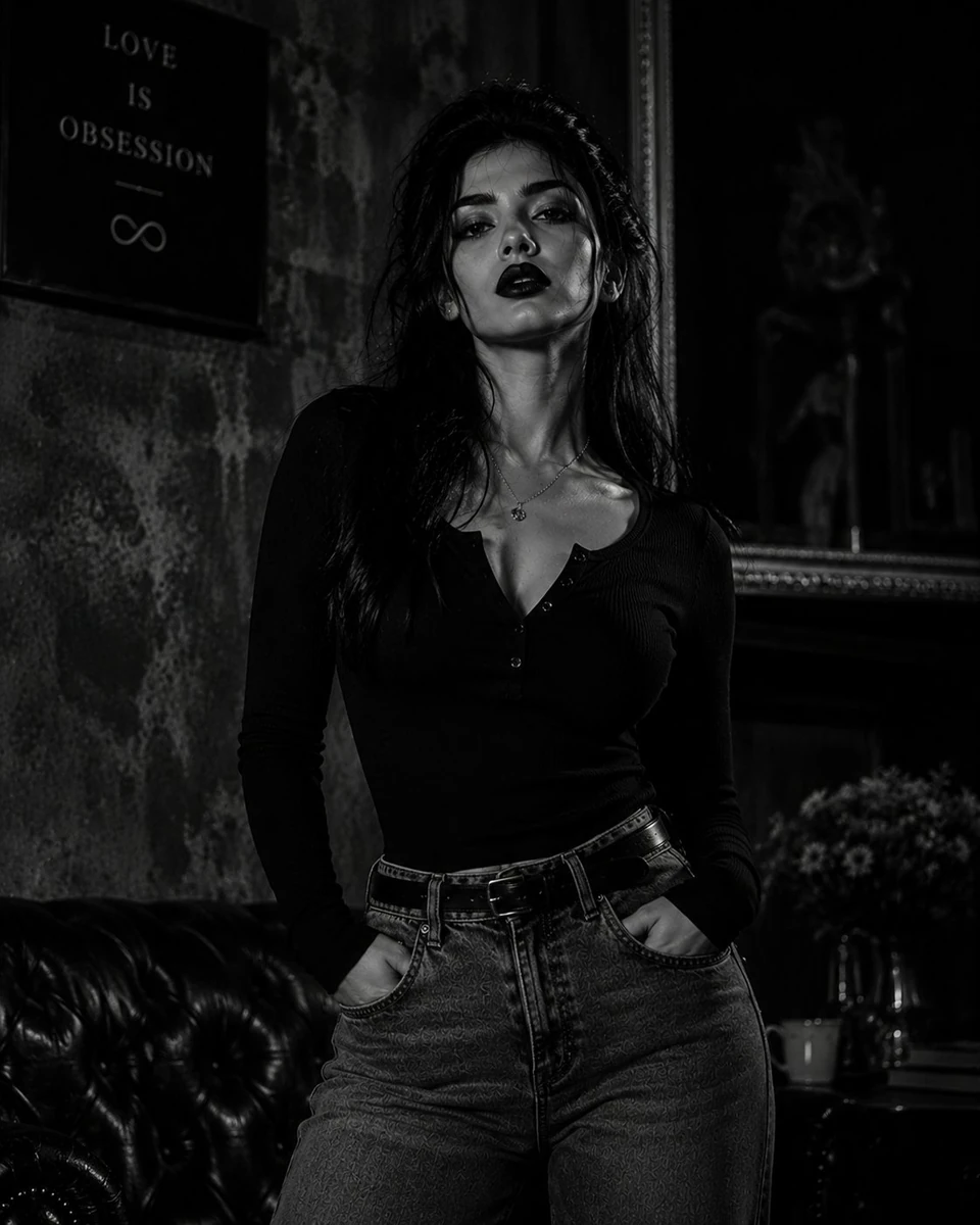 Ultra-realistic black and white portrait of a powerful baddie queen, stan...